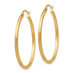 14K Yellow Gold Satin and Diamond-cut 2mm Round Tube Hoop Earrings