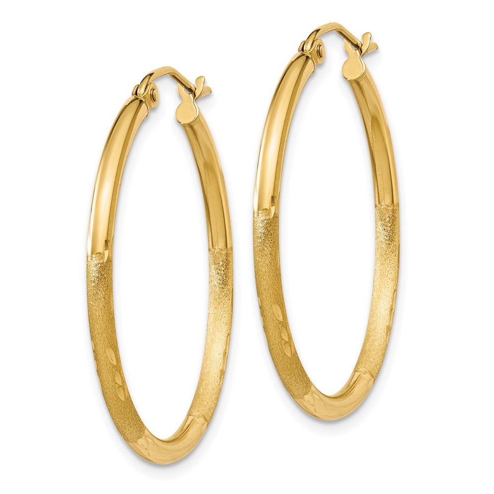 14K Yellow Gold Satin and Diamond-cut 2mm Round Tube Hoop Earrings