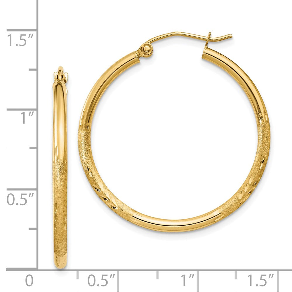 14K Yellow Gold Satin and Diamond-cut 2mm Round Tube Hoop Earrings