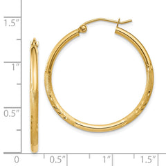 14K Yellow Gold Satin and Diamond-cut 2mm Round Tube Hoop Earrings