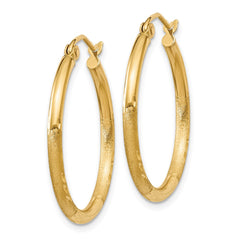 14K Yellow Gold Satin and Diamond-cut 2mm Round Tube Hoop Earrings
