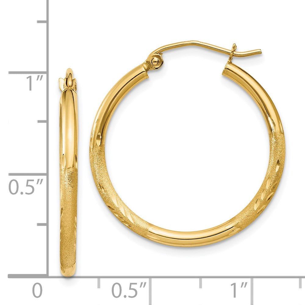 14K Yellow Gold Satin and Diamond-cut 2mm Round Tube Hoop Earrings