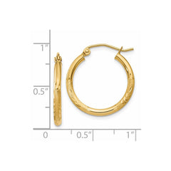 14K Yellow Gold Satin and Diamond-cut 2mm Round Tube Hoop Earrings