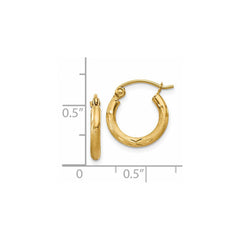 14K Yellow Gold Satin and Diamond-cut 2mm Round Tube Hoop Earrings