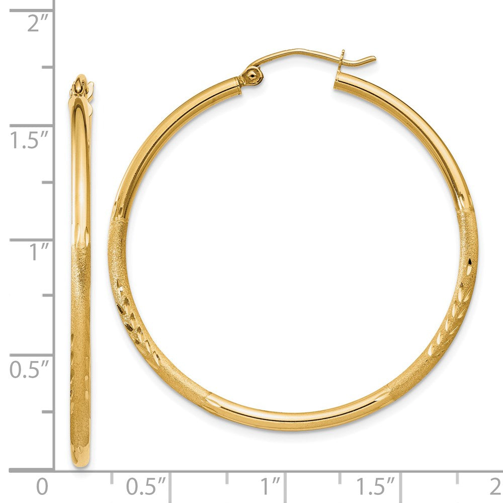 14K Yellow Gold Satin and Diamond-cut 2mm Round Tube Hoop Earrings