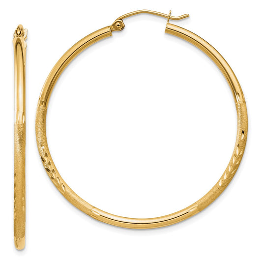 14K Yellow Gold Satin and Diamond-cut 2mm Round Tube Hoop Earrings