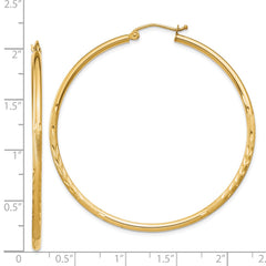 14K Yellow Gold Satin and Diamond-cut 2mm Round Tube Hoop Earrings