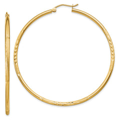 14K Yellow Gold Satin and Diamond-cut 2mm Round Tube Hoop Earrings