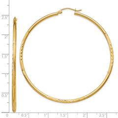 14K Yellow Gold Satin and Diamond-cut 2mm Round Tube Hoop Earrings