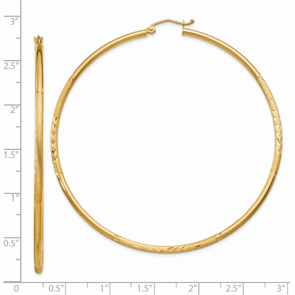 14K Yellow Gold Satin and Diamond-cut 2mm Round Tube Hoop Earrings
