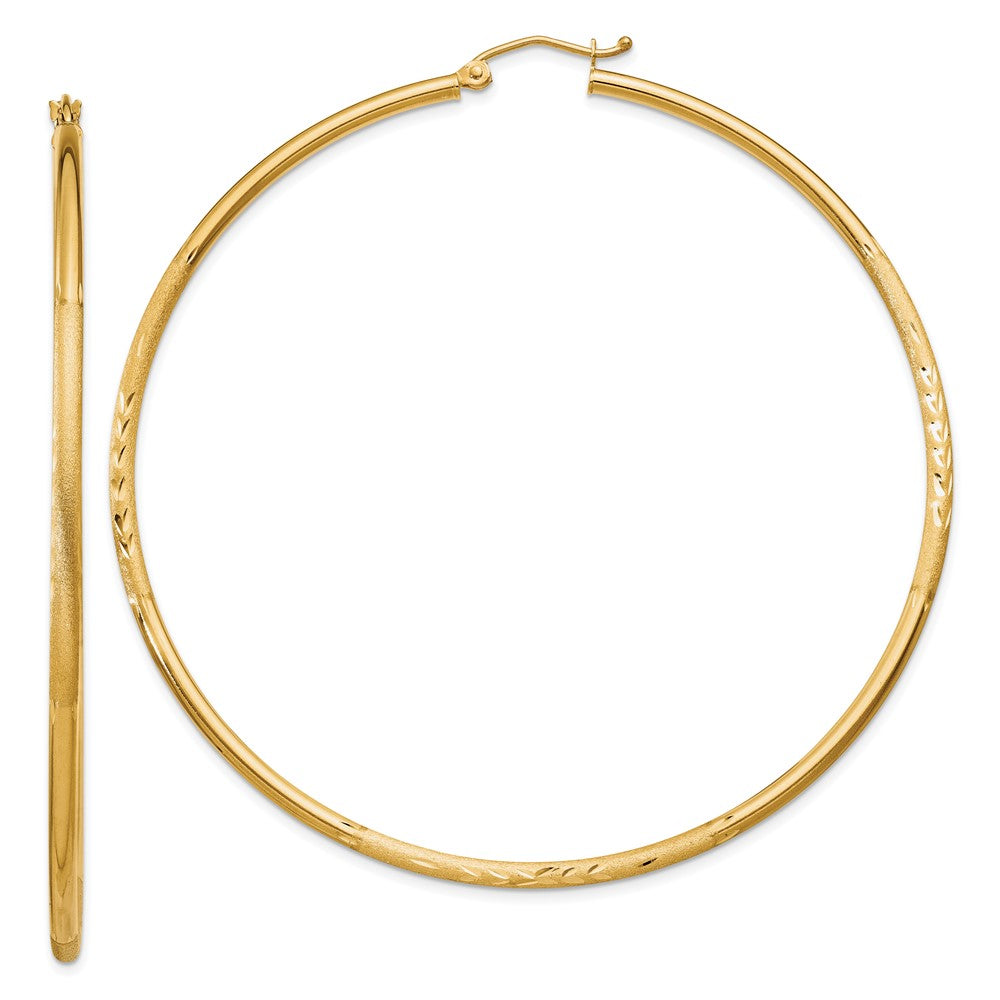 14K Yellow Gold Satin and Diamond-cut 2mm Round Tube Hoop Earrings