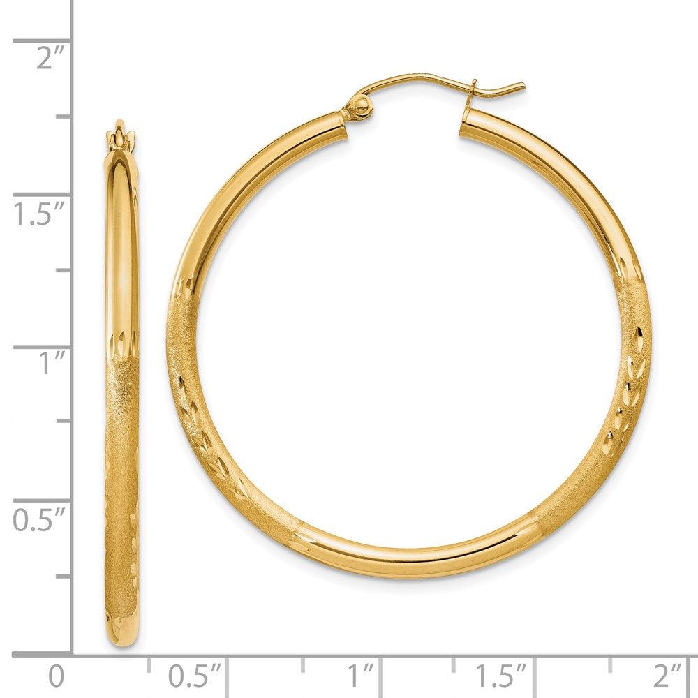 14K Yellow Gold Satin and Diamond-cut 2.5mm Round Hoop Earrings