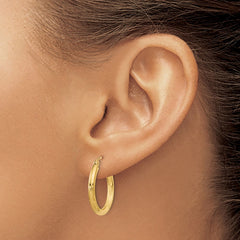 14K Yellow Gold Satin and Diamond-cut 2.5mm Round Hoop Earrings