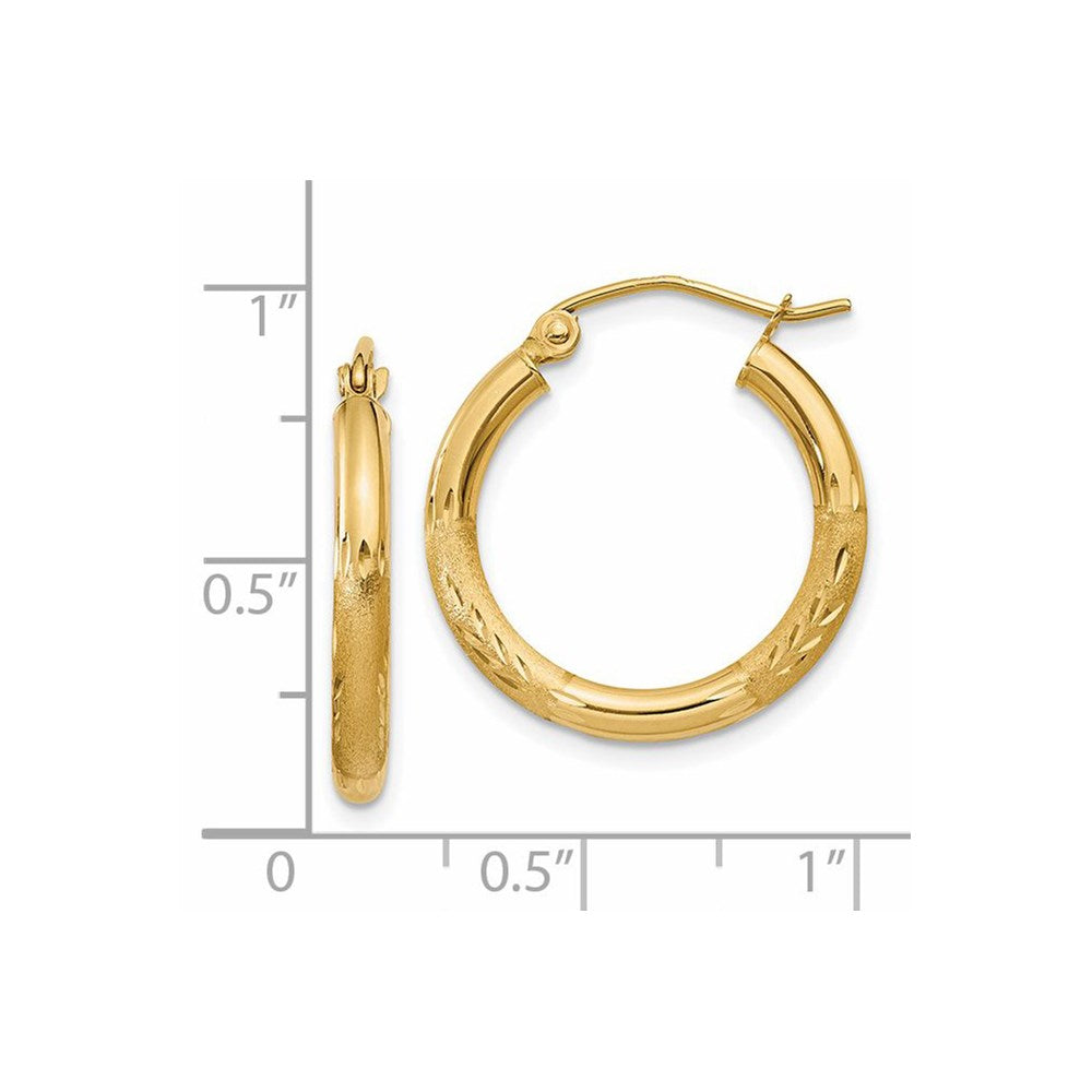 14K Yellow Gold Satin and Diamond-cut 2.5mm Round Hoop Earrings