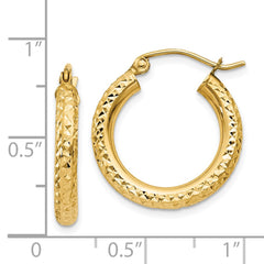 14K Yellow Gold Diamond-cut 3mm Round Hoop Earrings