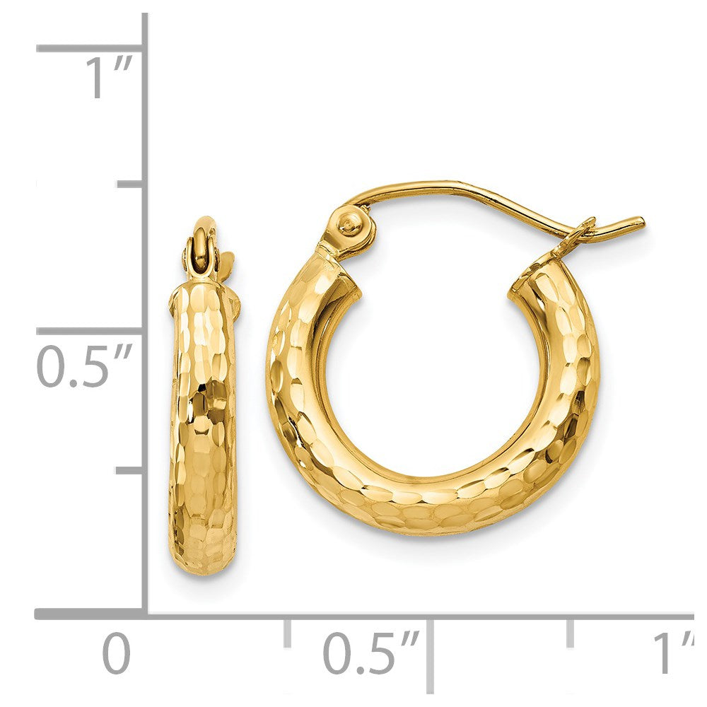 14K Yellow Gold Diamond-cut 3mm Round Hoop Earrings