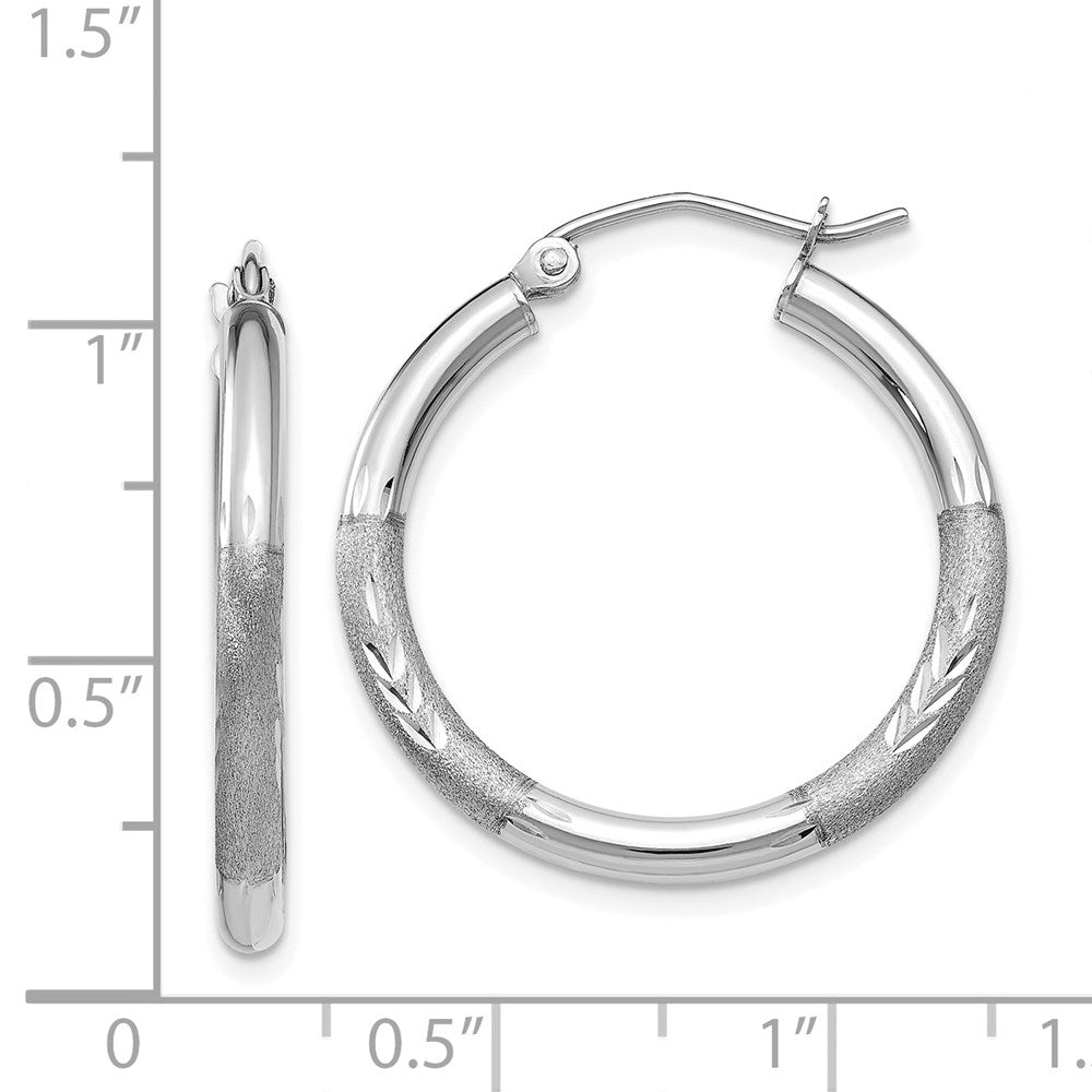 14K White Gold Satin and Diamond-cut 3mm Round Hoop Earrings