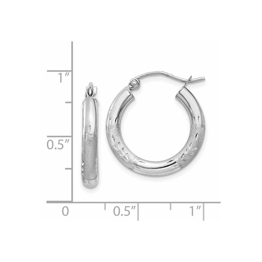14K White Gold Satin and Diamond-cut 3mm Round Hoop Earrings