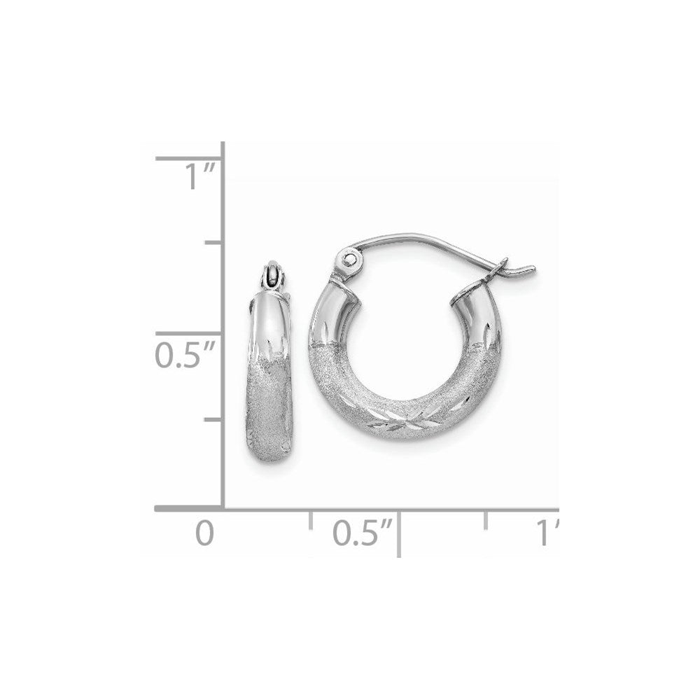 14K White Gold Satin and Diamond-cut 3mm Round Hoop Earrings