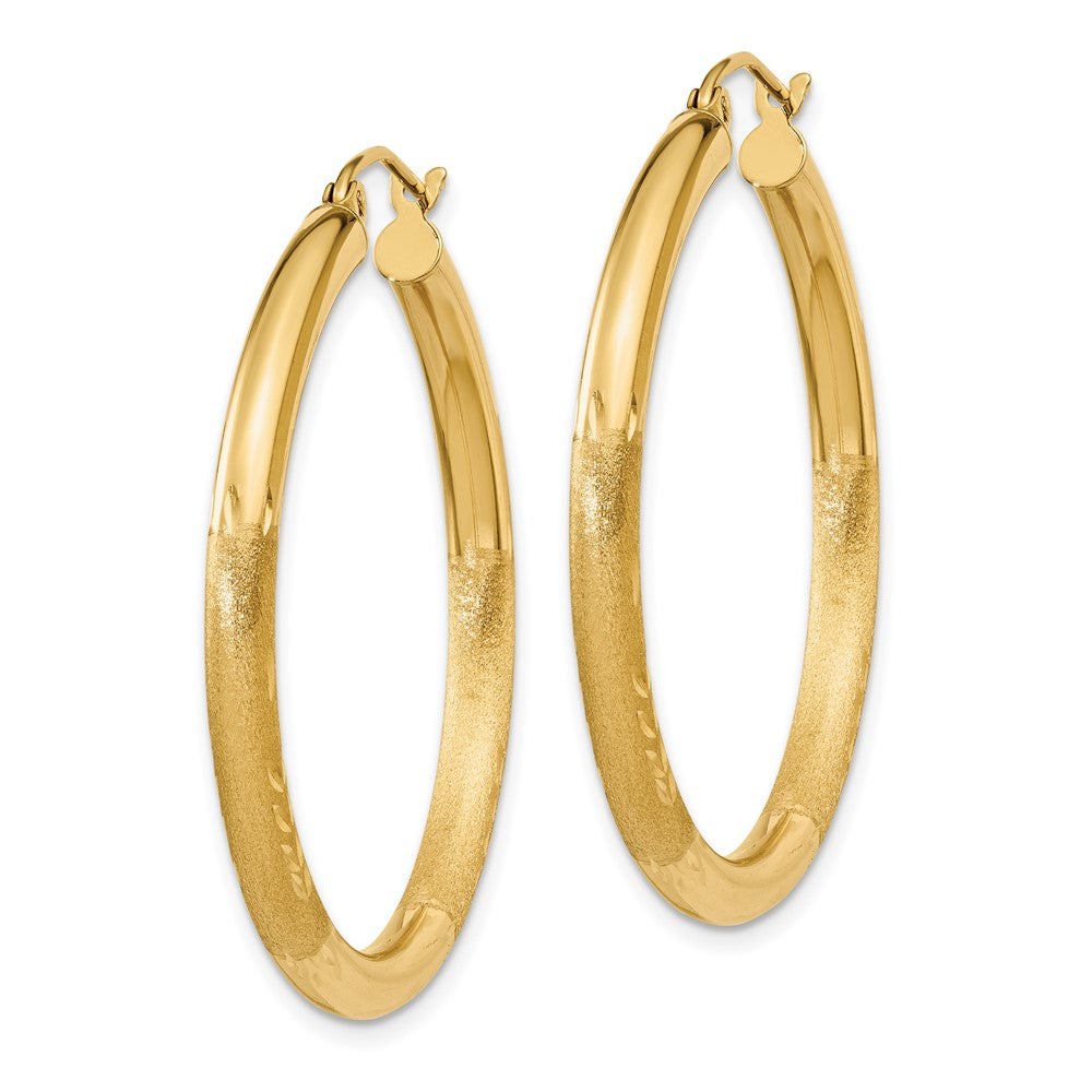 14K Yellow Gold Satin and Diamond-cut 3mm Round Hoop Earrings