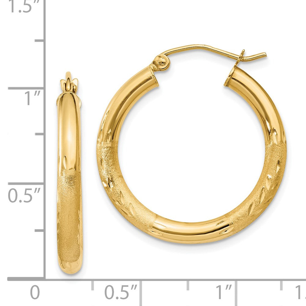 14K Yellow Gold Satin and Diamond-cut 3mm Round Hoop Earrings