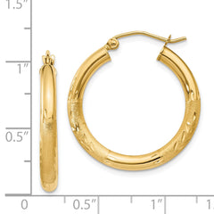 14K Yellow Gold Satin and Diamond-cut 3mm Round Hoop Earrings