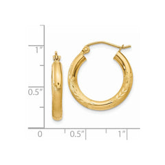 14K Yellow Gold Satin and Diamond-cut 3mm Round Hoop Earrings