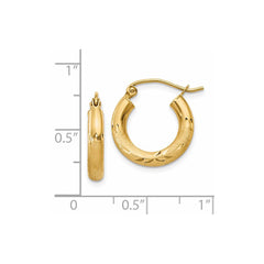 14K Yellow Gold Satin and Diamond-cut 3mm Round Hoop Earrings
