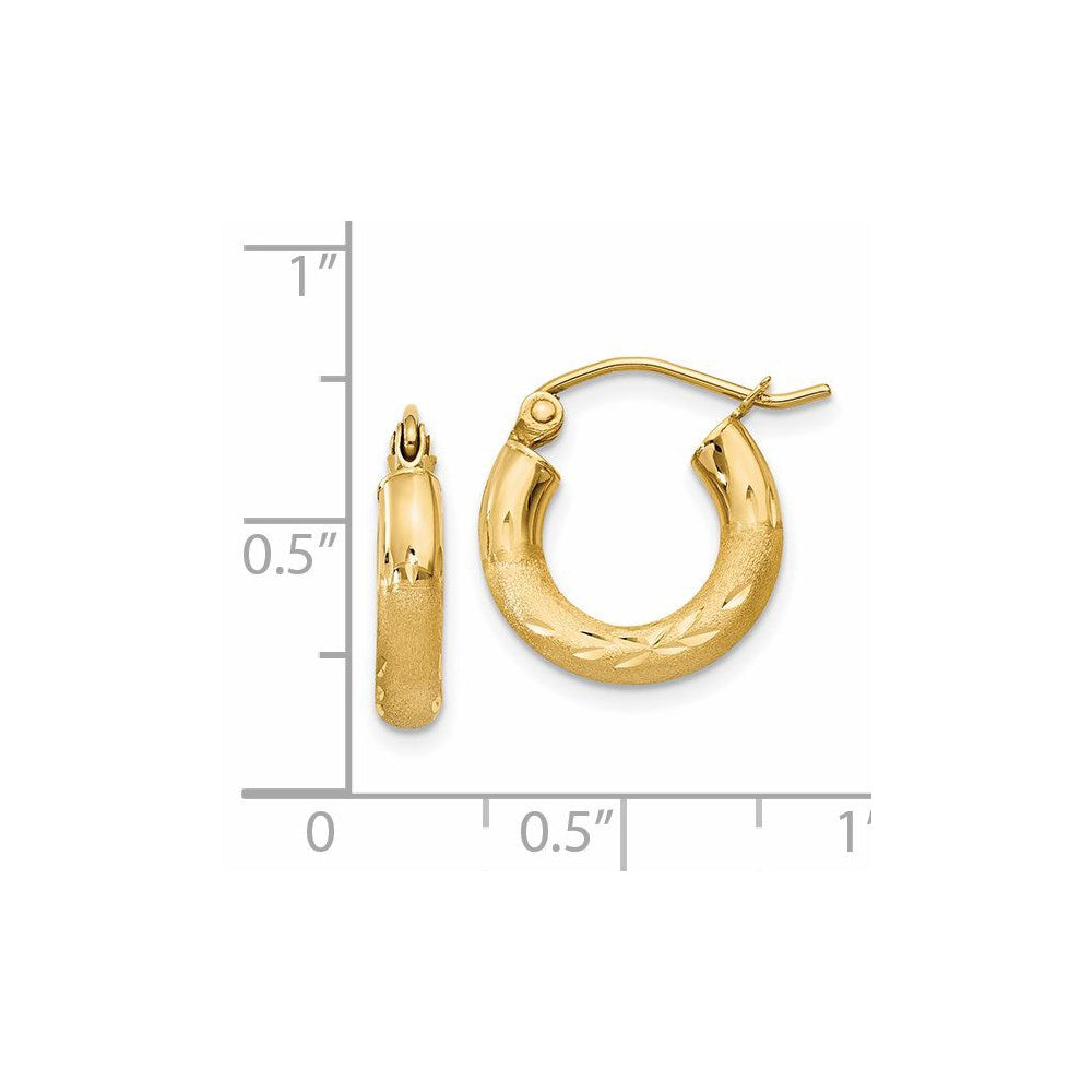 14K Yellow Gold Satin and Diamond-cut 3mm Round Hoop Earrings