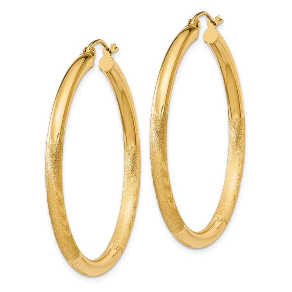 14K Yellow Gold Satin and Diamond-cut 3mm Round Hoop Earrings