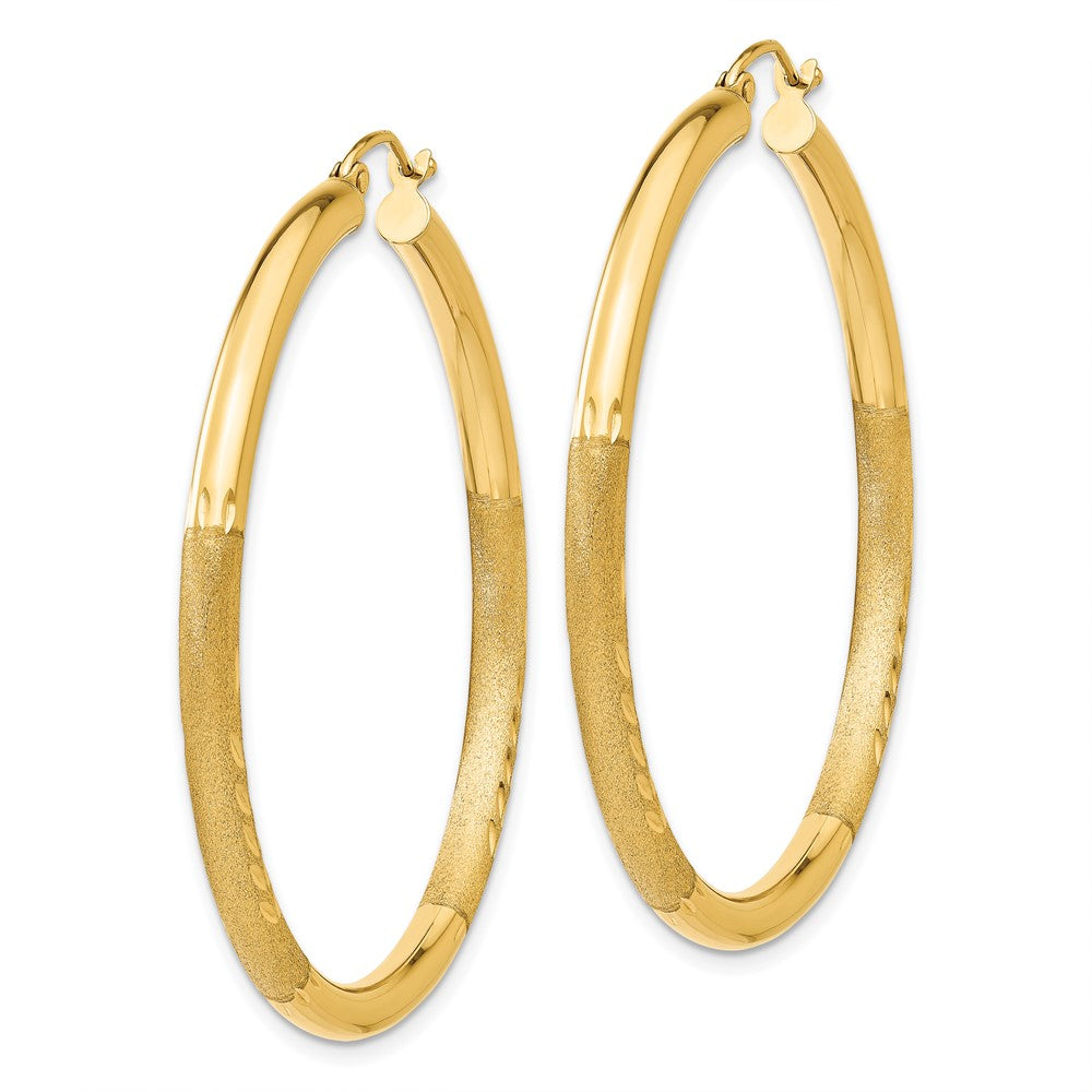 14K Yellow Gold Satin and Diamond-cut 3mm Round Hoop Earrings