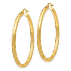 14K Yellow Gold Satin and Diamond-cut 3mm Round Hoop Earrings