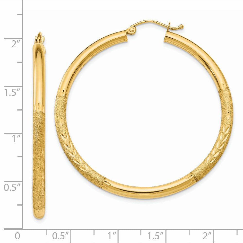 14K Yellow Gold Satin and Diamond-cut 3mm Round Hoop Earrings