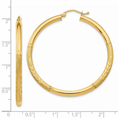 14K Yellow Gold Satin and Diamond-cut 3mm Round Hoop Earrings