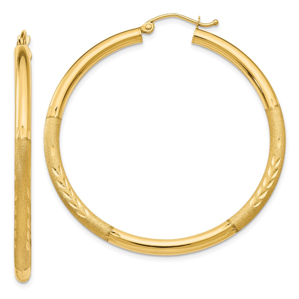 14K Yellow Gold Satin and Diamond-cut 3mm Round Hoop Earrings