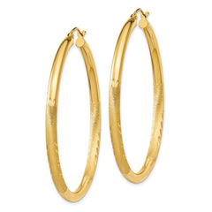 14K Yellow Gold Satin and Diamond-cut 3mm Round Hoop Earrings