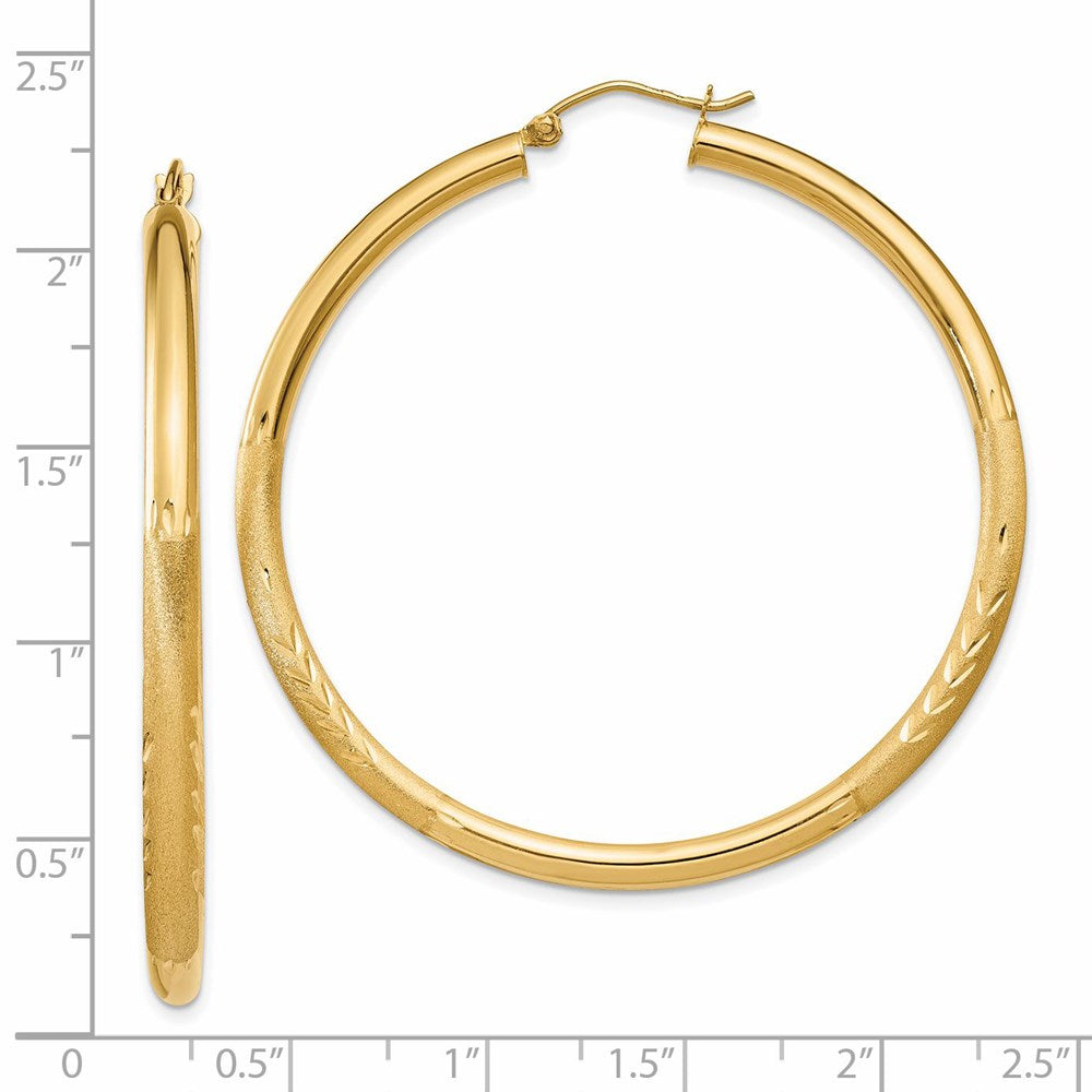 14K Yellow Gold Satin and Diamond-cut 3mm Round Hoop Earrings