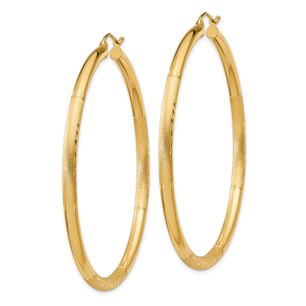 14K Yellow Gold Satin and Diamond-cut 3mm Round Hoop Earrings