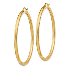 14K Yellow Gold Satin and Diamond-cut 3mm Round Hoop Earrings