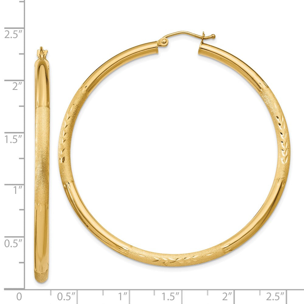 14K Yellow Gold Satin and Diamond-cut 3mm Round Hoop Earrings
