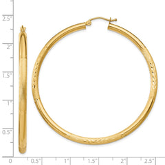 14K Yellow Gold Satin and Diamond-cut 3mm Round Hoop Earrings