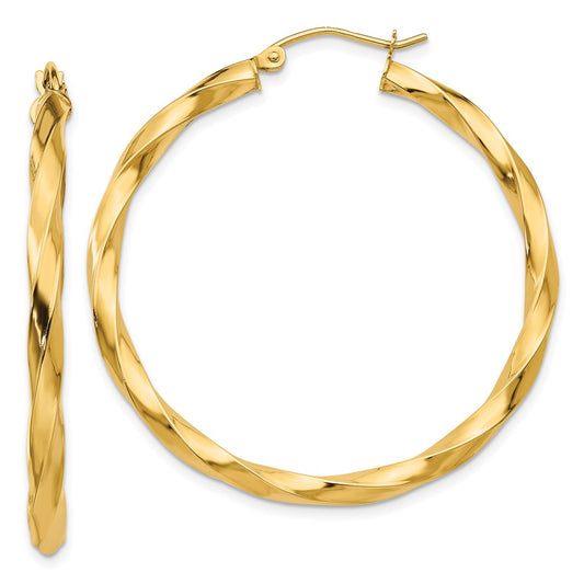 14K Yellow Gold Polished 3mm Twisted Hoop Earrings