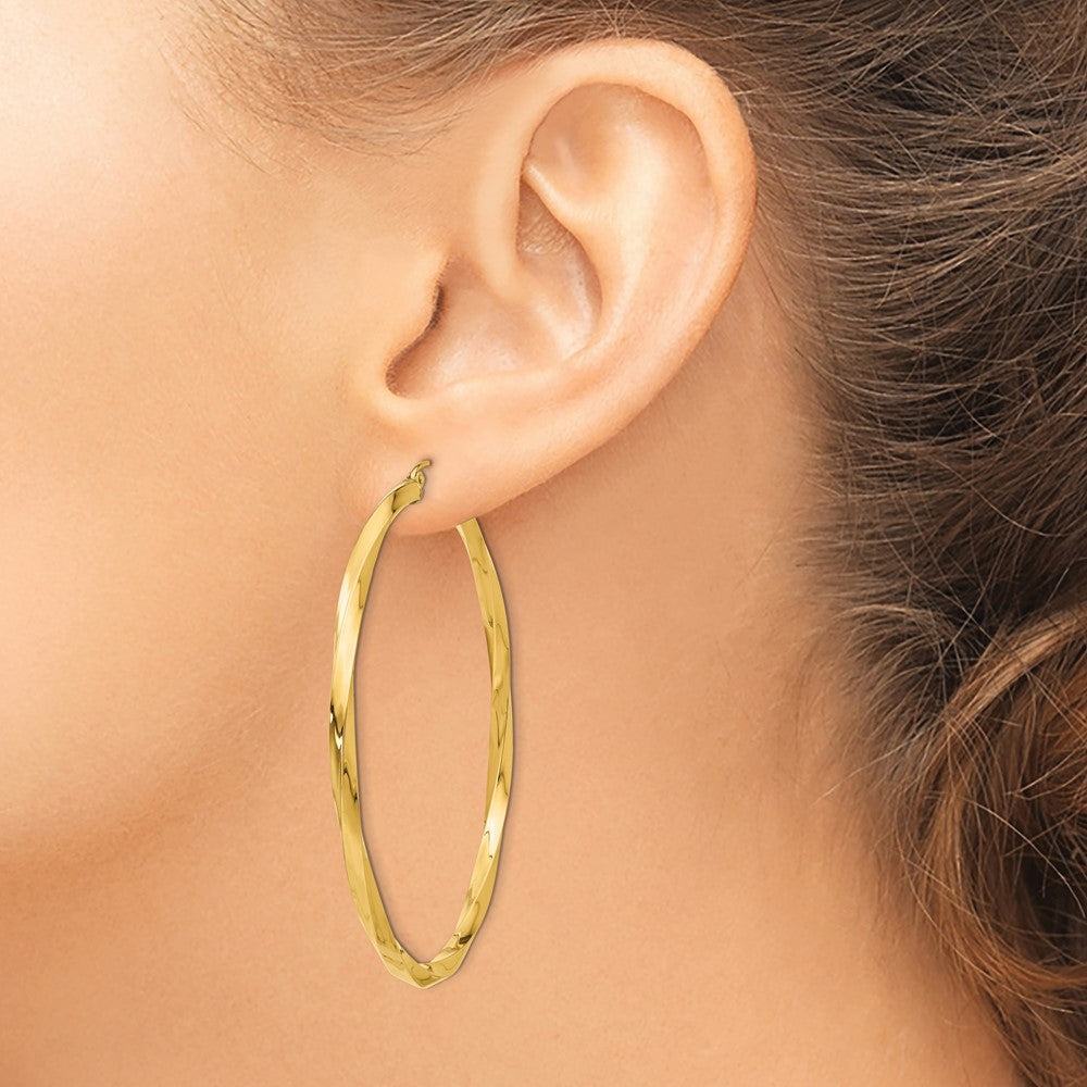 14K Yellow Gold Polished 3mm Twisted Hoop Earrings