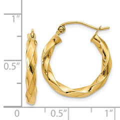 14K Yellow Gold Polished 3mm Twisted Hoop Earrings
