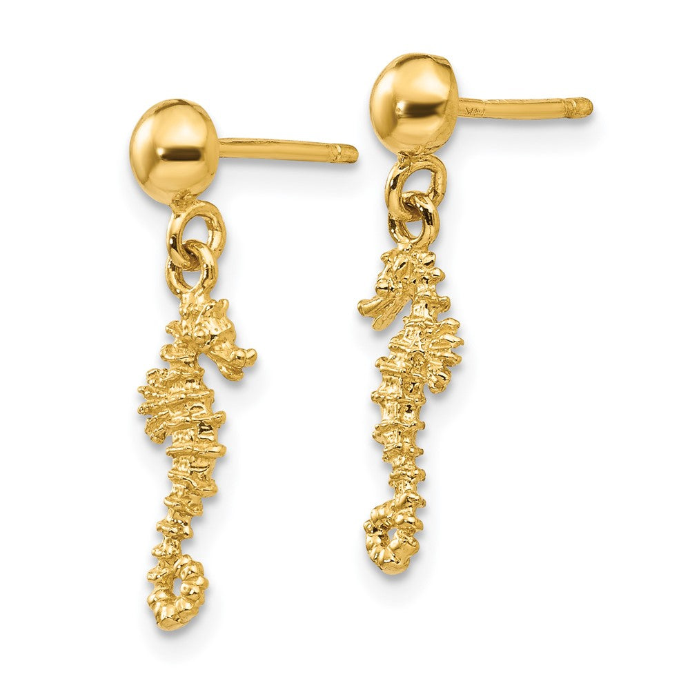 14K Yellow Gold 3D Mini Seahorse Dangle Post Earrings