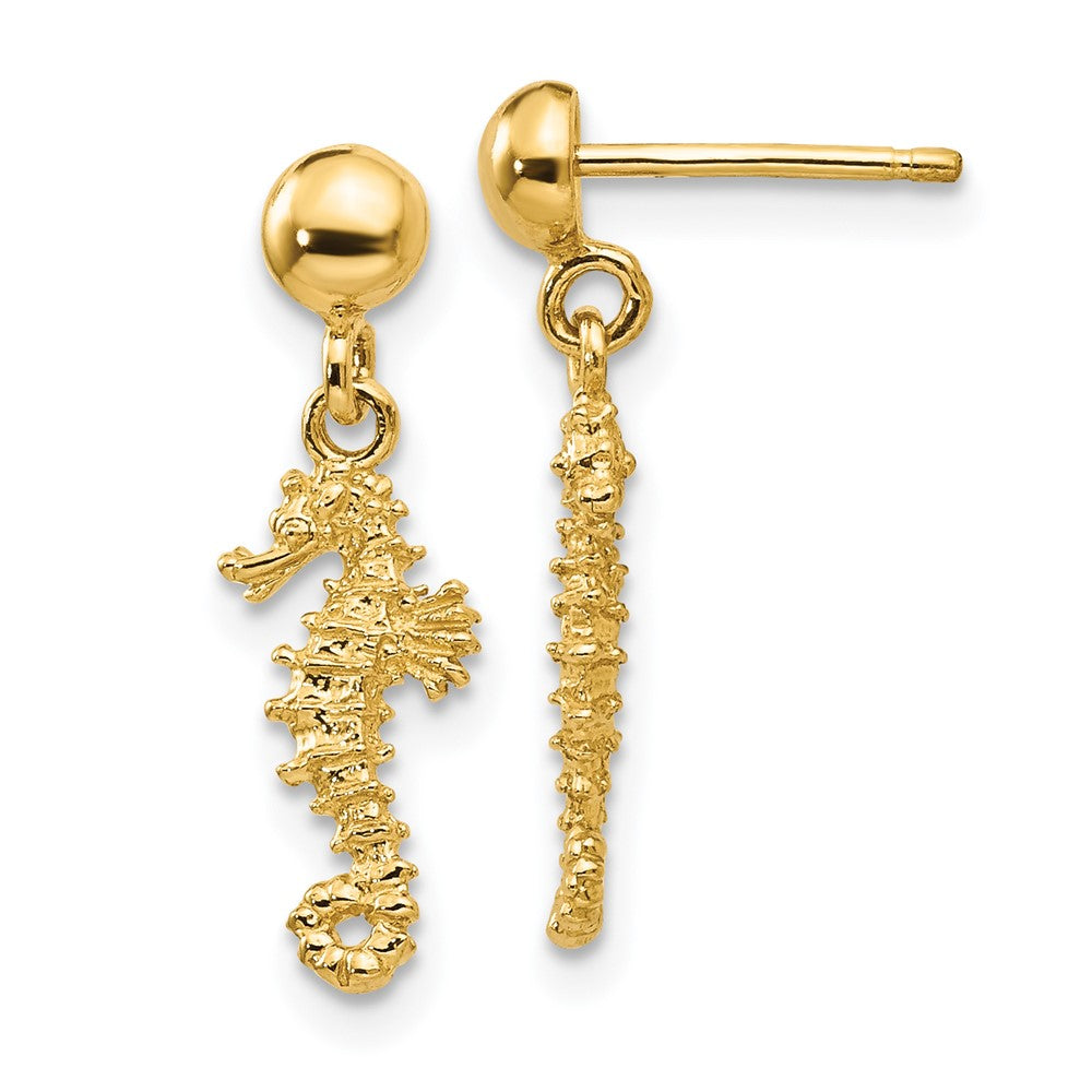 14K Yellow Gold 3D Mini Seahorse Dangle Post Earrings