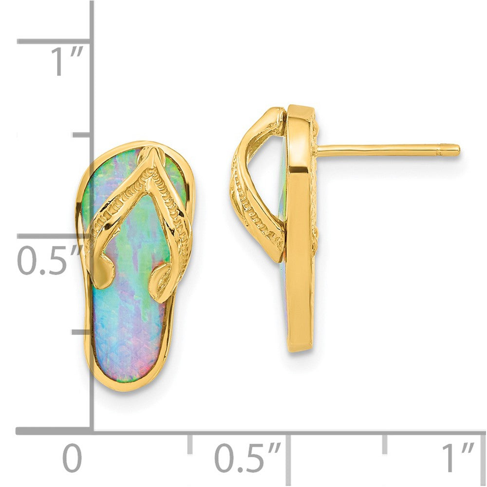14K Yellow Gold Polished with Created White Opal Flip Flop Post Earrings