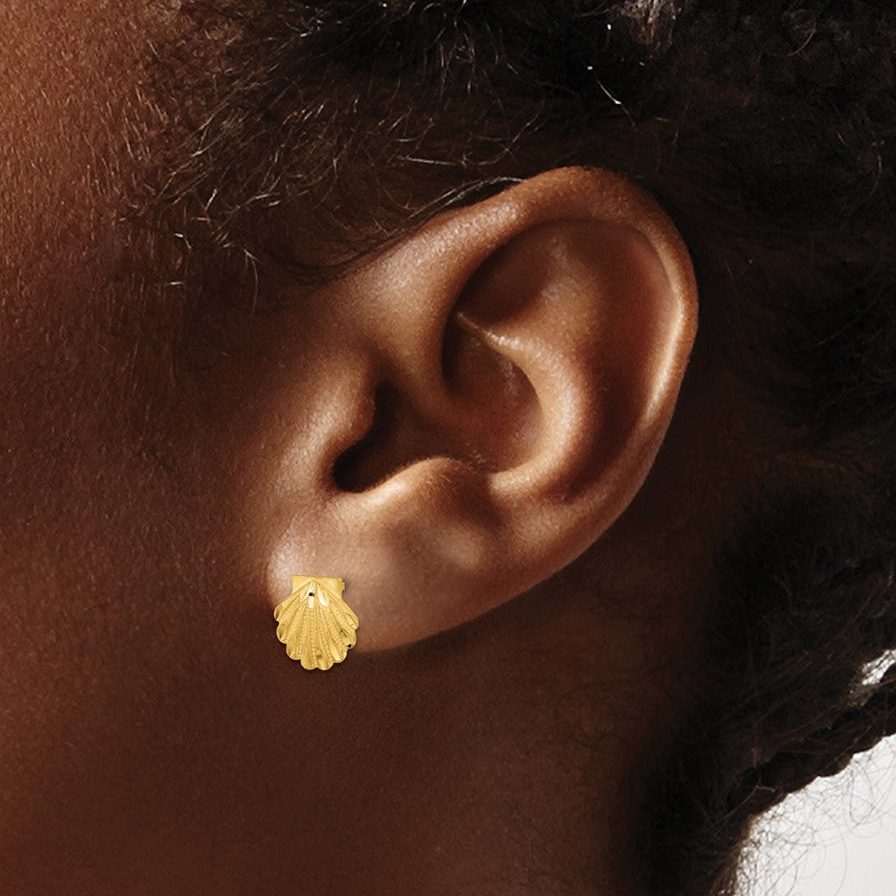 14K Yellow Gold Satin Diamond-cut Seashell Post Earrings