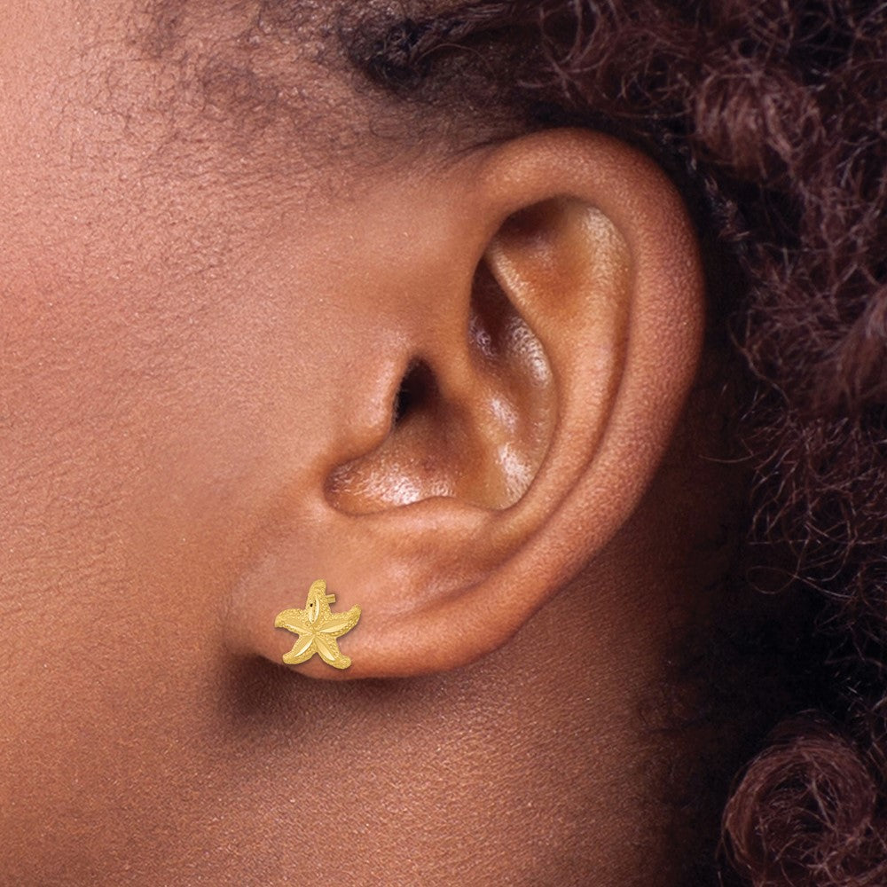 14K Yellow Gold Satin Diamond-cut Starfish Post Earrings