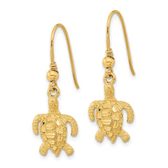 14K Yellow Gold Polished & Textured Diamond-cut Turtle Shepherd Hook Earrings